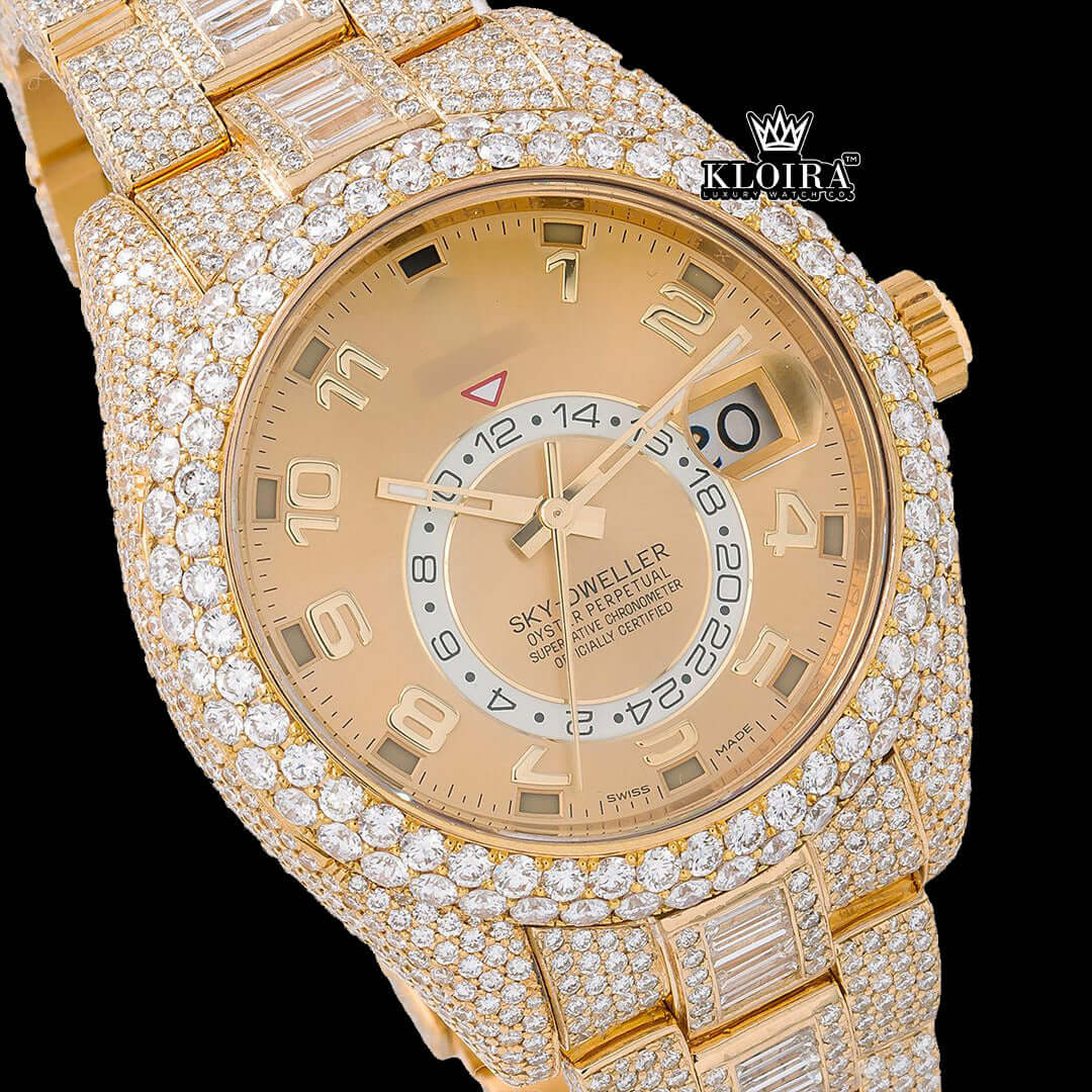 Gold Sky Dweller watch featuring a yellow dial, 14K gold plating, and moissanite diamond embellishments.