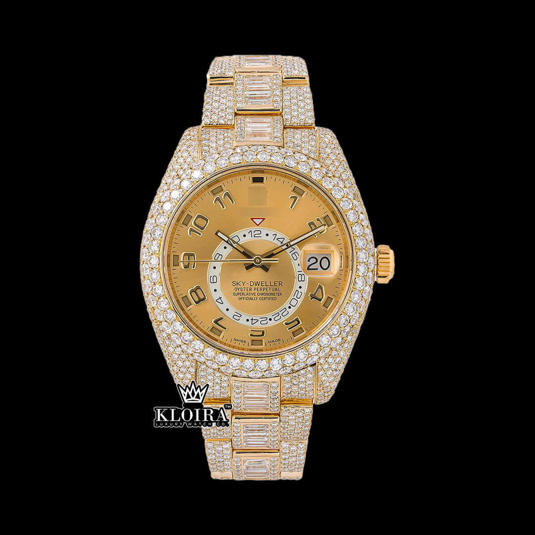 Gold Sky Dweller watch featuring a yellow dial, 14K gold plating, and moissanite diamond embellishments.