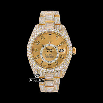 Gold Sky Dweller watch featuring a yellow dial, 14K gold plating, and moissanite diamond embellishments.