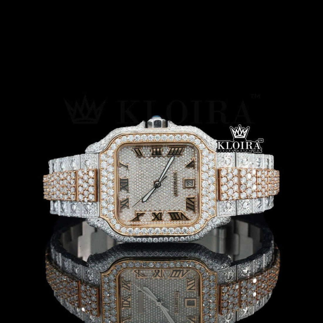 Automatic Cartier Santos Inspired Rose Gold Two Tone Moissanite Watch Front View