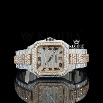 Automatic Cartier Santos Inspired Rose Gold Two Tone Moissanite Watch Front View