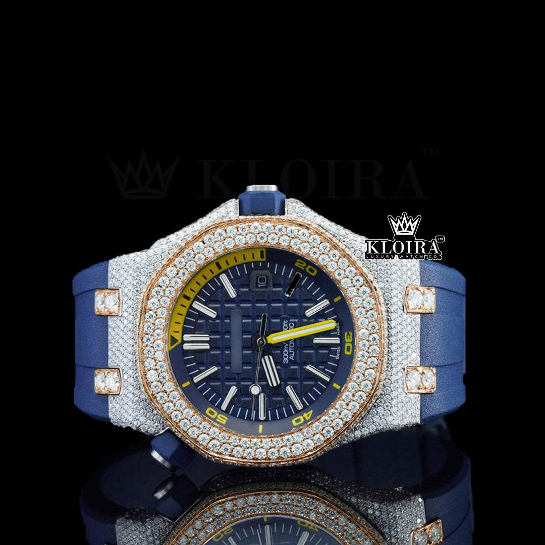 Azure Moissanite Diamond Watch 14K Gold VVS 12 Carat 42mm Front