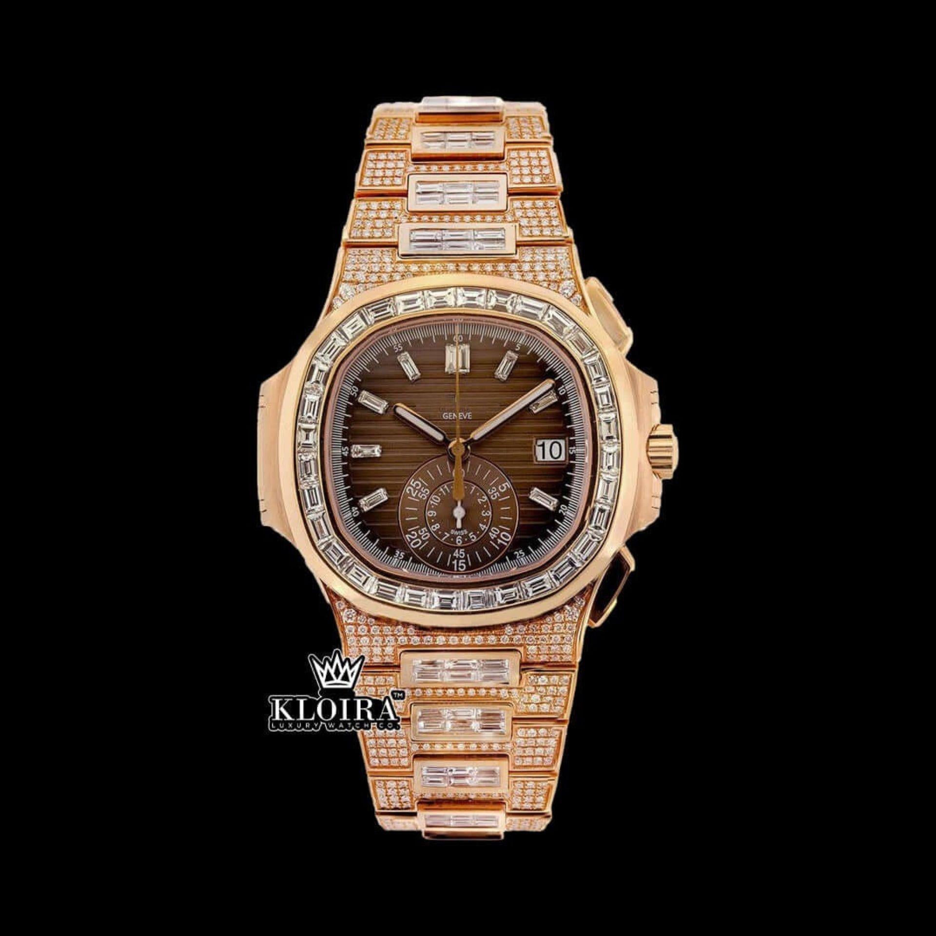 Baguette Bezel Brown Dial Chronograph Moissanite Diamond Watch Front View