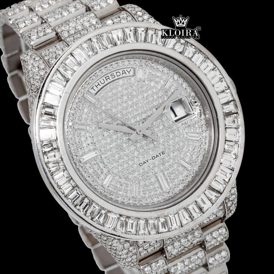Baguette Bezel Diamond Markers Fully Iced Moissanite Diamond Watch Front View