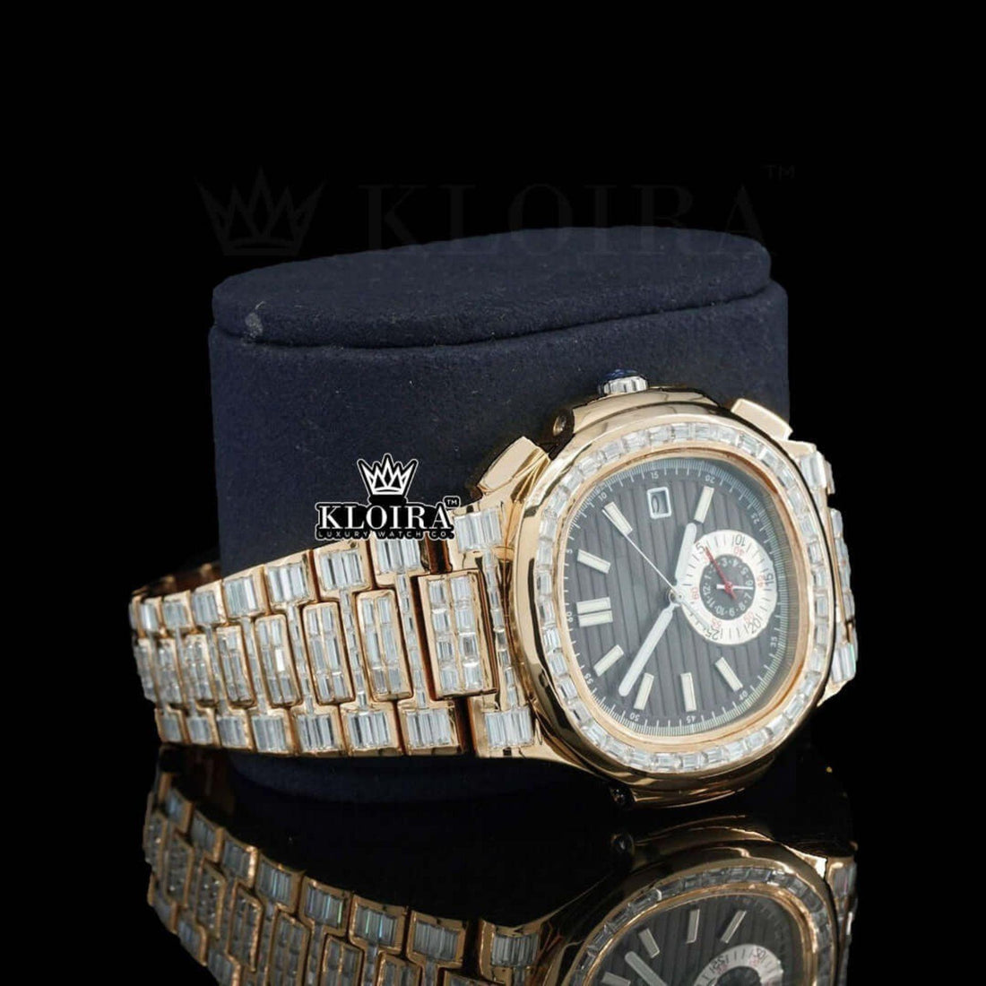 Baguette Diamond Bezel Black Dial Two Tone Moissanite Diamond Watch Front View