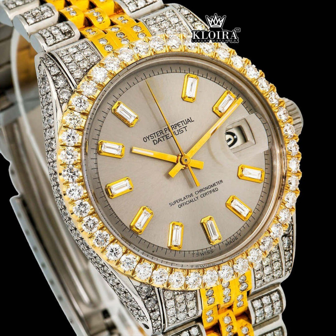 Beige Dial Diamond Markers Two Tone Fully Iced Moissanite Diamond Watch Front View