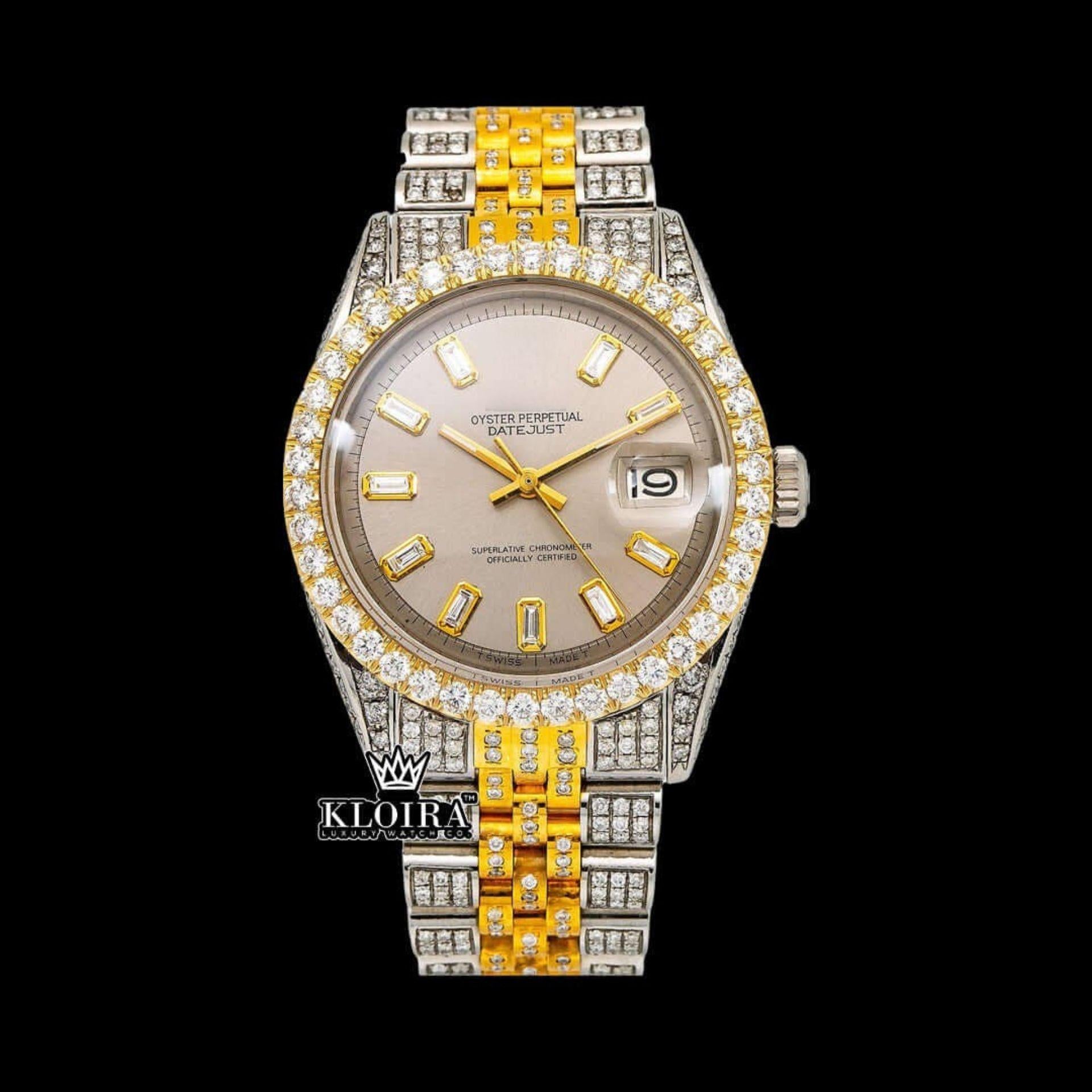 Beige Dial Diamond Markers Two Tone Fully Iced Moissanite Diamond Watch Front View