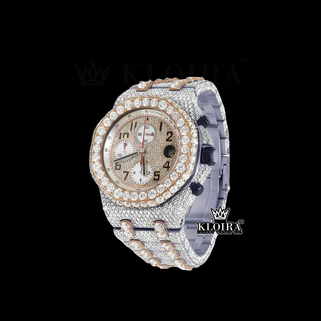 Best Moissanite AP Watch featuring iced-out two-tone finish, large diamond bezel, and chronograph dial