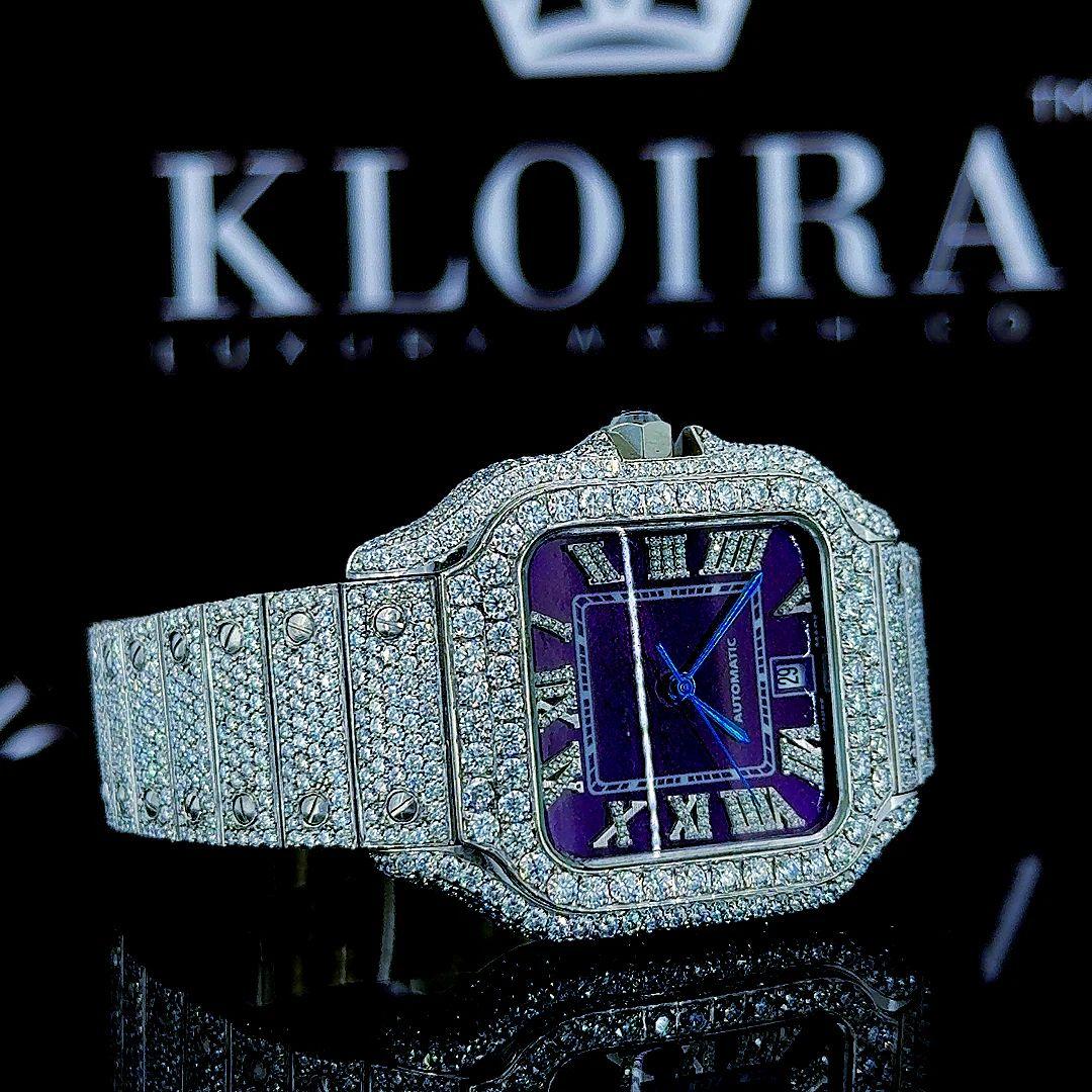 Roman Numerals Purple Dial Fully Iced Out Moissanite Diamond Watch