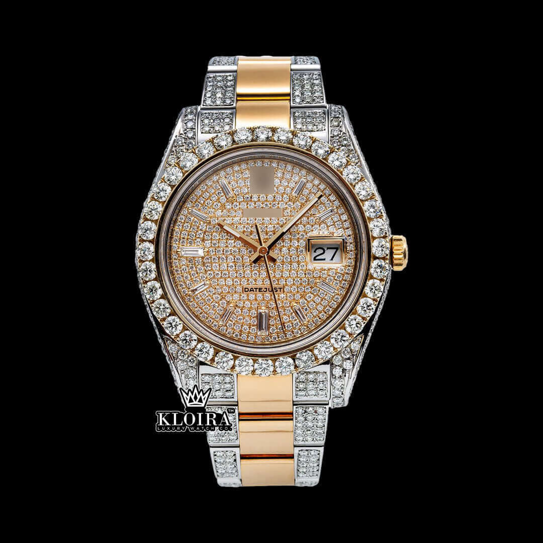 Best Moissanite Rolex Yellow Face Watch featuring a luxurious diamond-studded design and a gold bracelet.