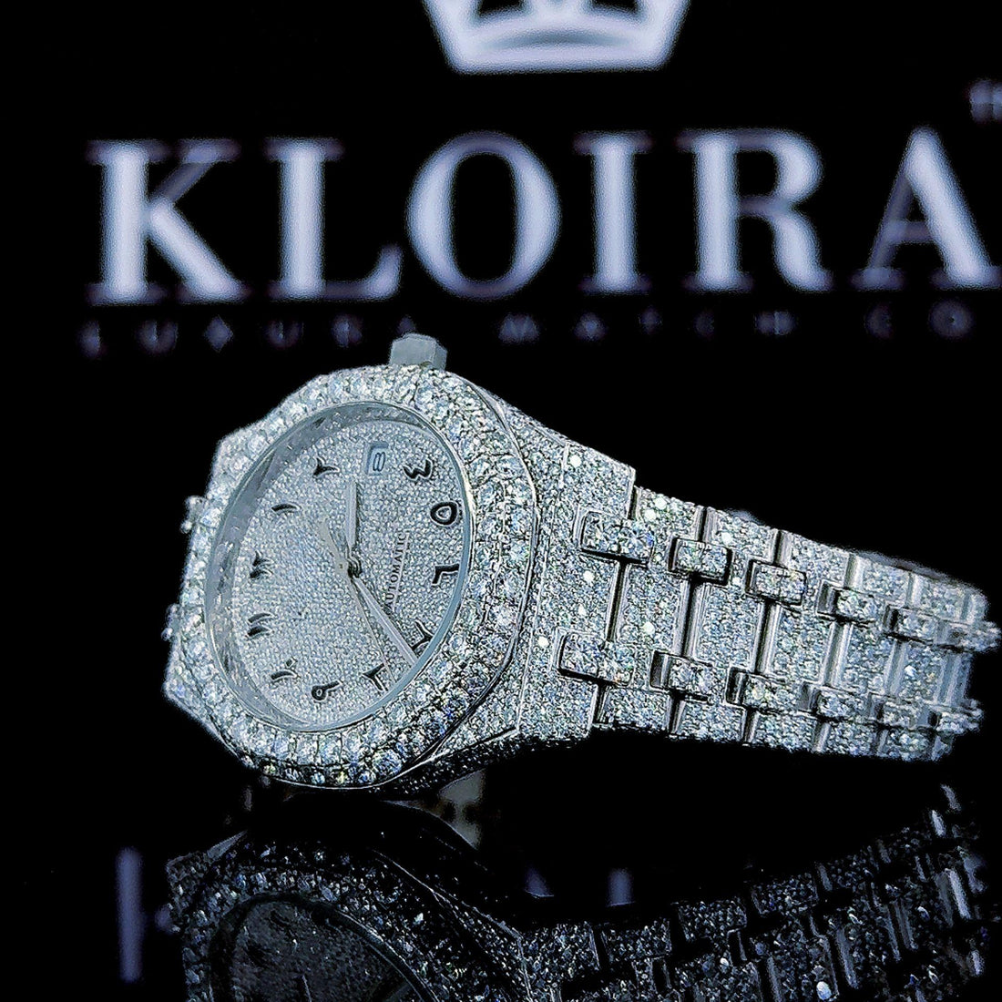 Black Arabic Dial AP Fully Iced Out Moissanite Diamonds Watch Front View