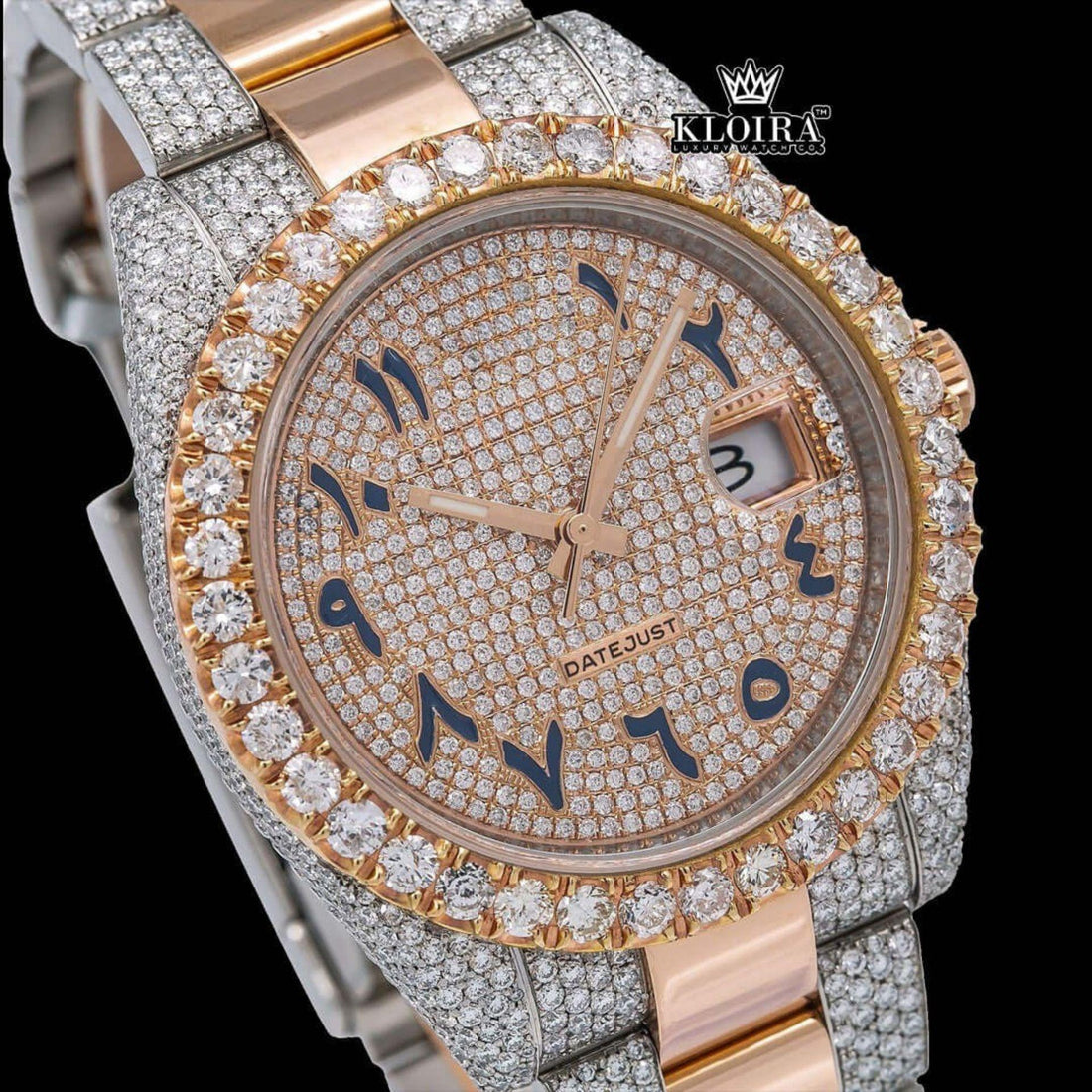 Black Arabic Dial Two Tone Rose Gold Bracelet Moissanite Watch 42mm Front View