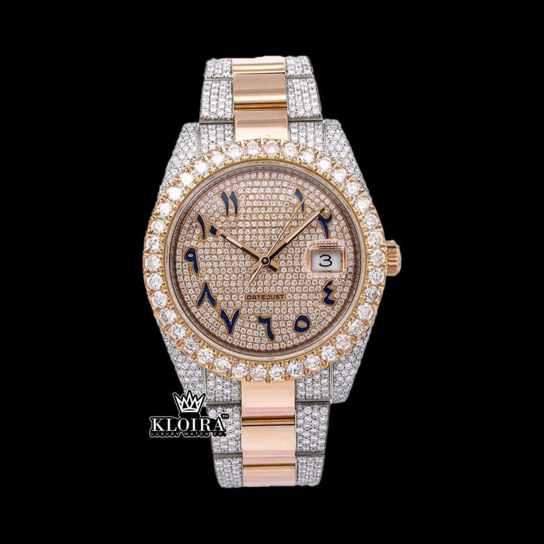 Black Arabic Dial Two Tone Rose Gold Bracelet Moissanite Watch 42mm Front View