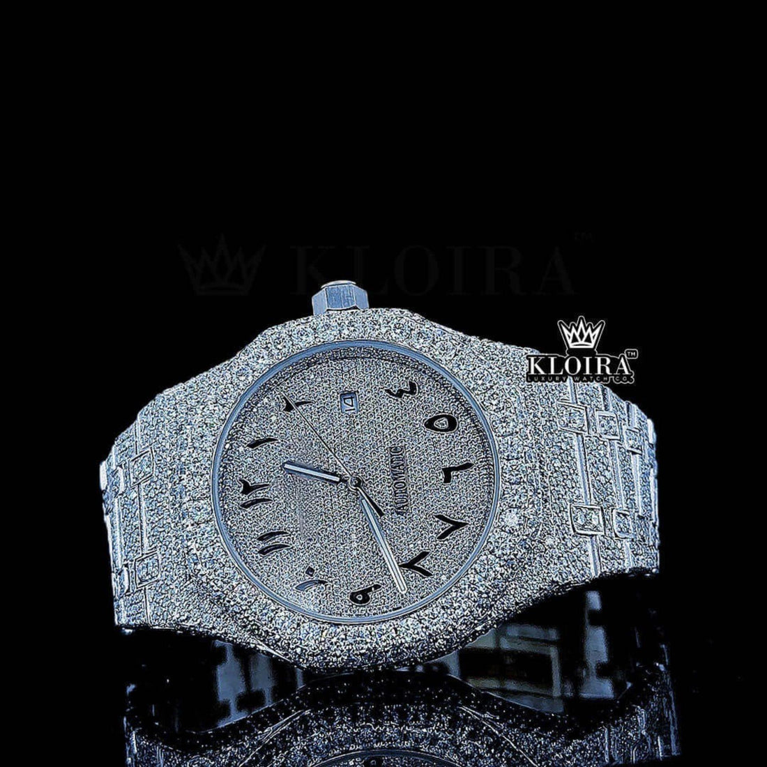 Black Arabic Number Dial Royal Oak Inspired Fully Iced Out Moissanite Watch Front View