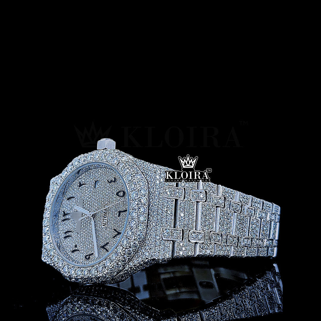 Black Arabic Numeral Iced AP Diamond Watch front view showing Arabic numeral markers on pavé dial, moissanite bezel, and pavé link bracelet.

