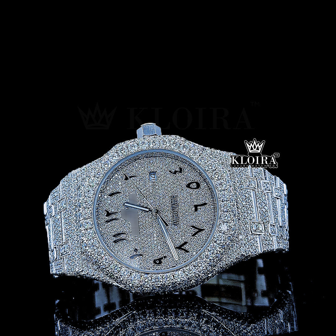 Black Arabic Numeral Iced AP Diamond Watch front view showing Arabic numeral markers on pavé dial, moissanite bezel, and pavé link bracelet.
