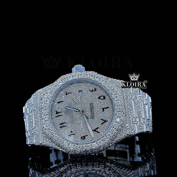 Black Arabic Numeral Iced AP Diamond Watch front view showing Arabic numeral markers on pavé dial, moissanite bezel, and pavé link bracelet.

