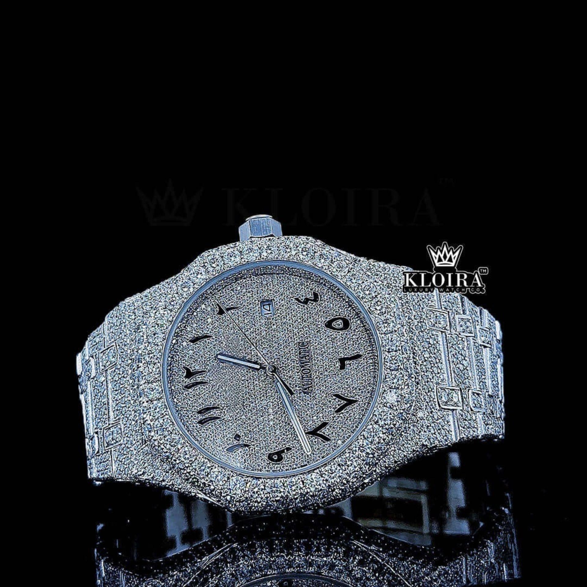 Black Arabic Numeral white Dial Fully Iced Moissanite Diamond Watch Front View