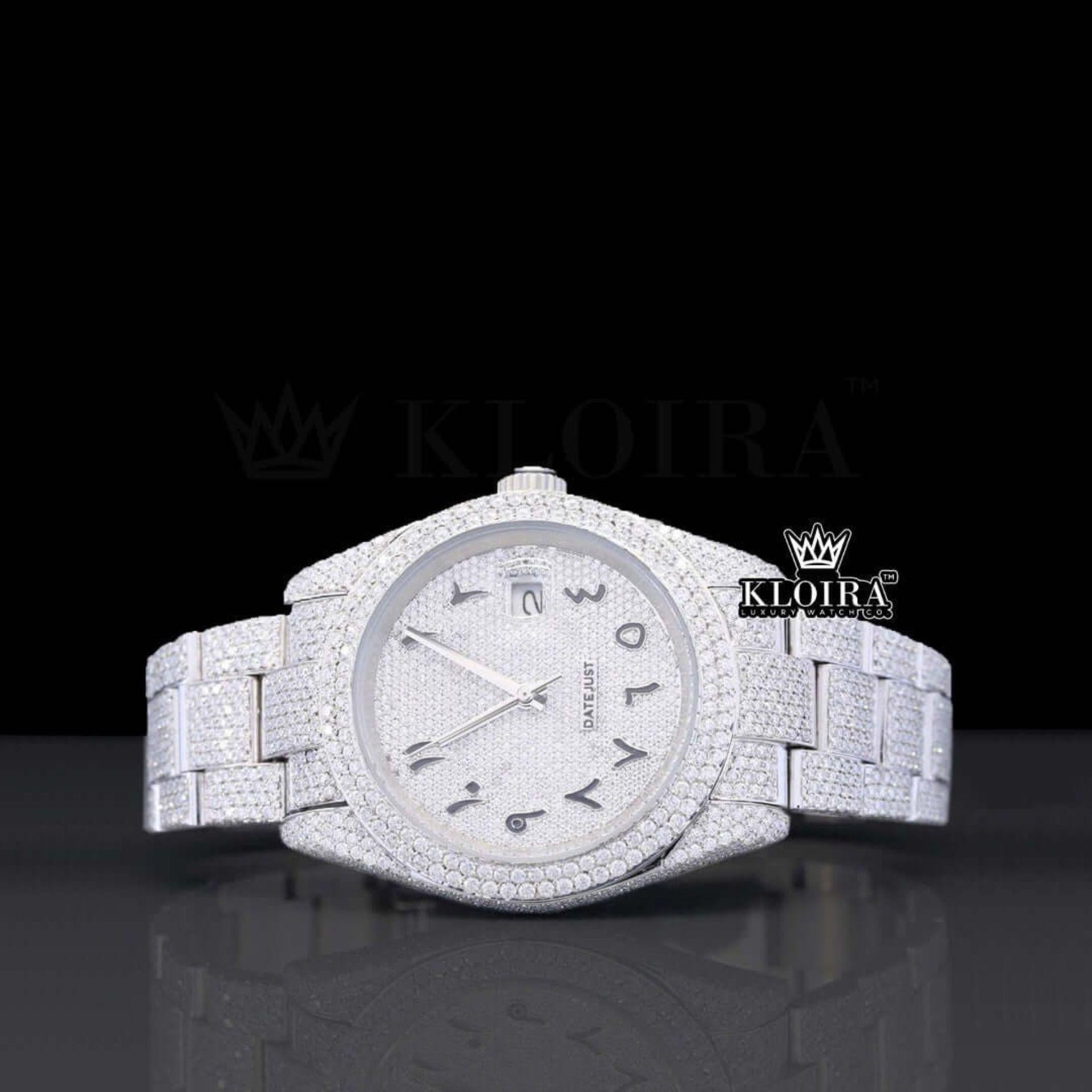 Black Arabic Numerals White Dial Fully Iced Out Moissanite Watch Front View