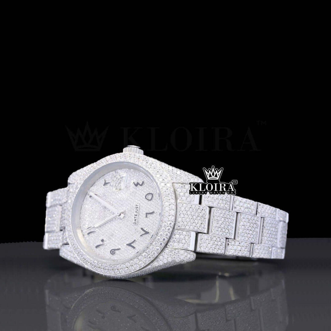 Black Arabic Numerals White Dial Fully Iced Out Moissanite Watch Front View