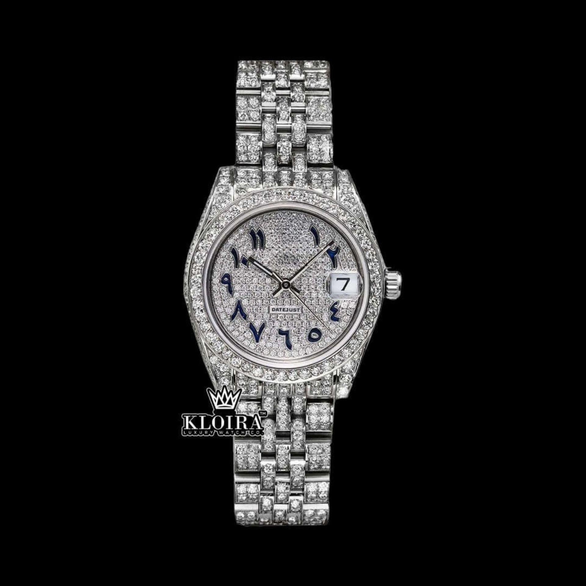 Black Arabic Numerals White Gold Iced Out Moissanite Diamond Watch Front View