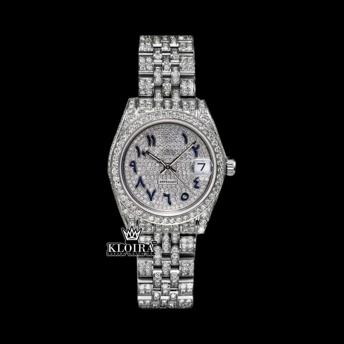 Black Arabic Numerals White Gold Iced Out Moissanite Diamond Watch Front View