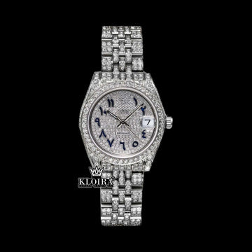 Black Arabic Numerals White Gold Iced Out Moissanite Diamond Watch Front View