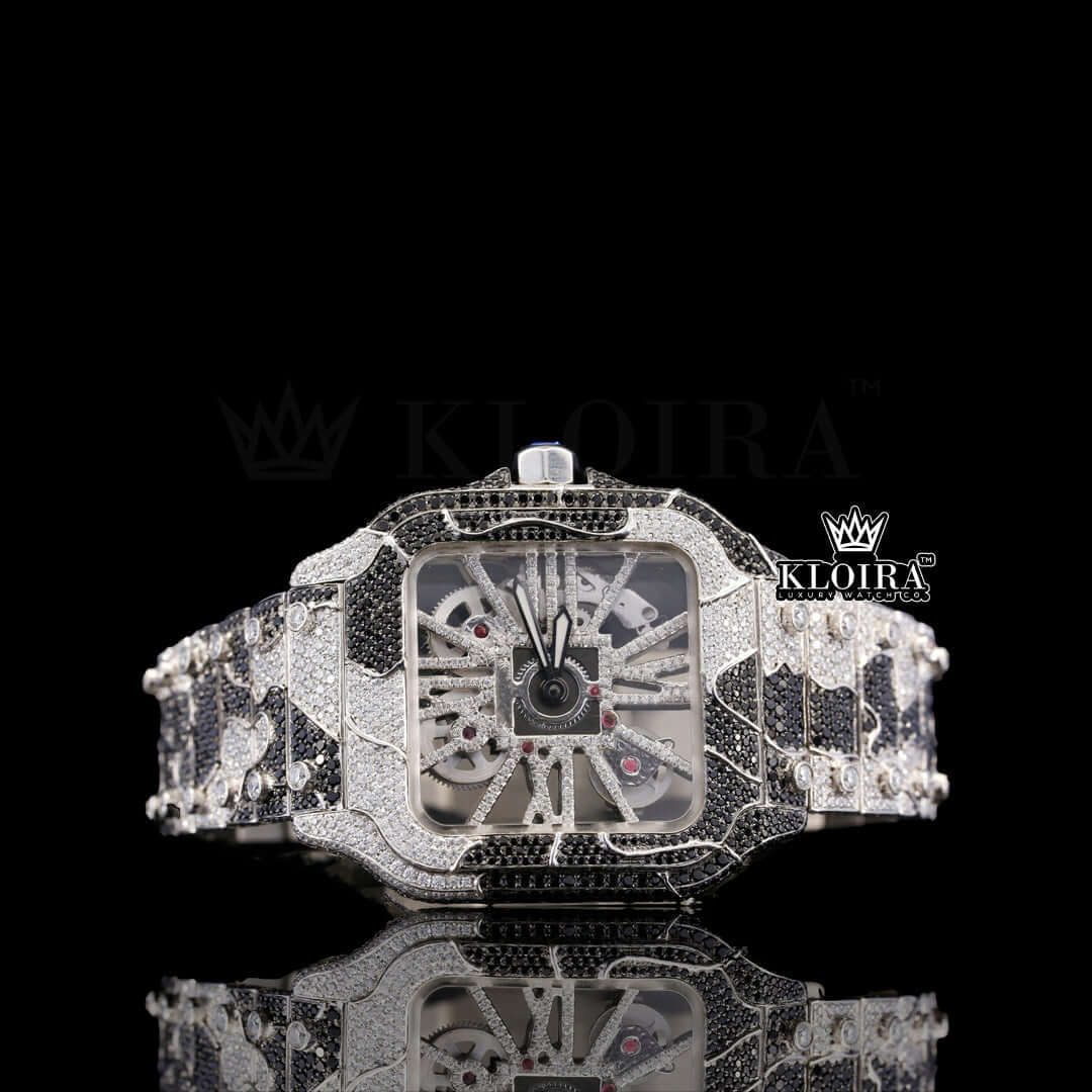 Black Camouflage Strap Skeleton Dial Two Tone Moissanite Watch Front View