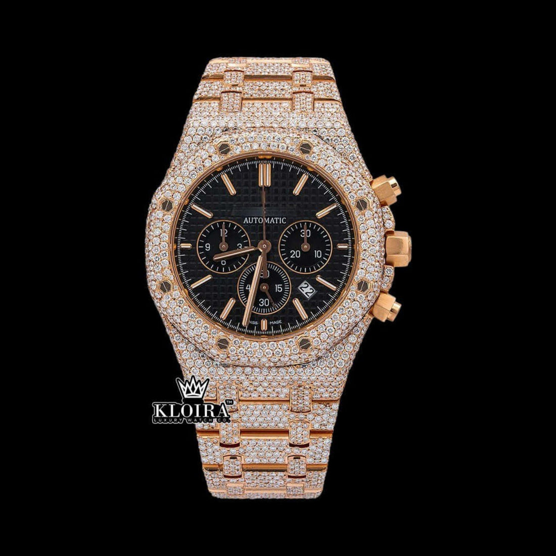 Black Chronograph Dial Fully Iced Out Rose Gold Lab Grown Diamond Watch Front View