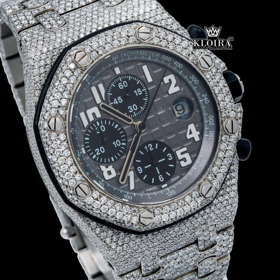 Black Dia Standard Numerals Chronograph Iced Out Moissanite Watch Front View