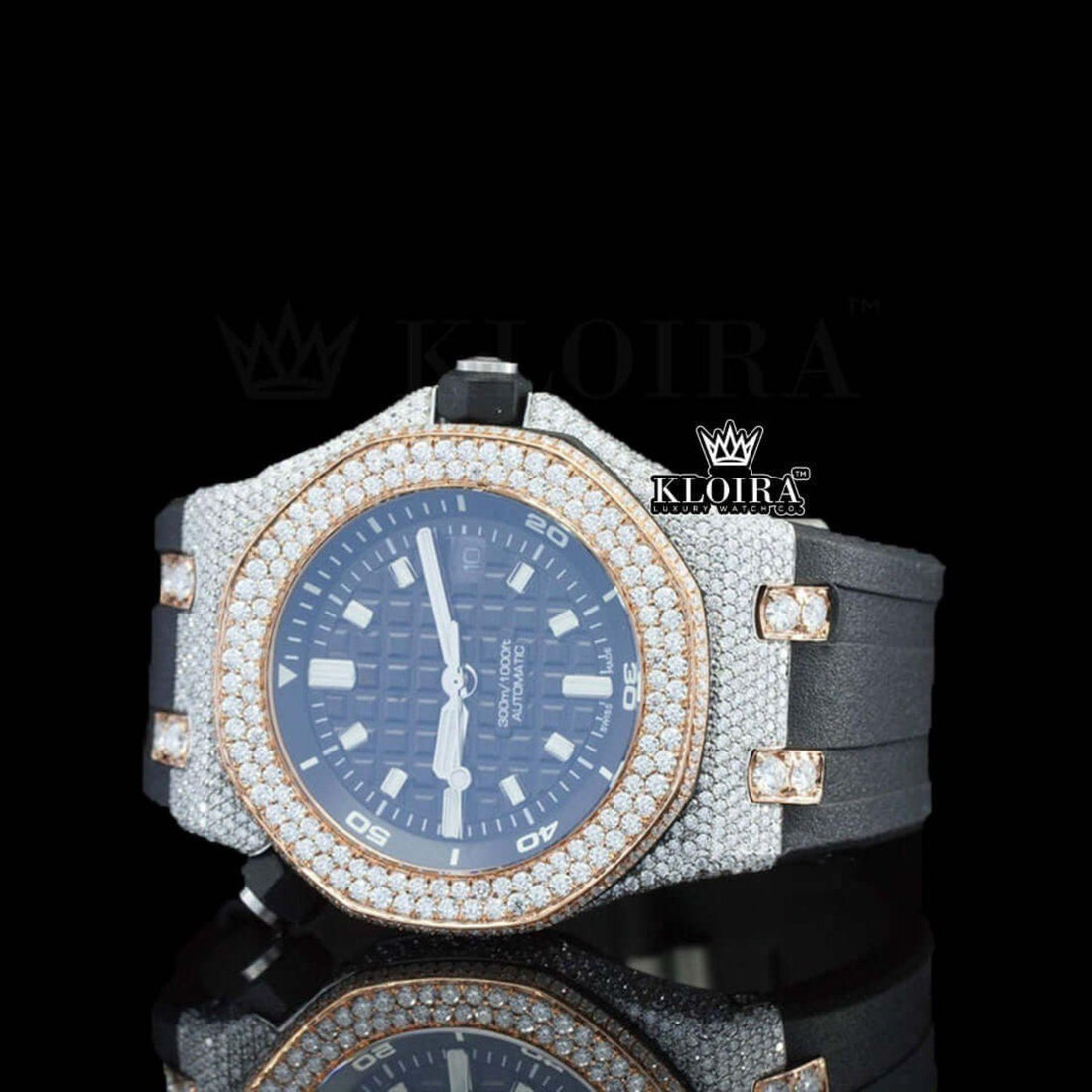 Black Dial AP Black Rubber Strap Iced Out Moissanite Watch Front View