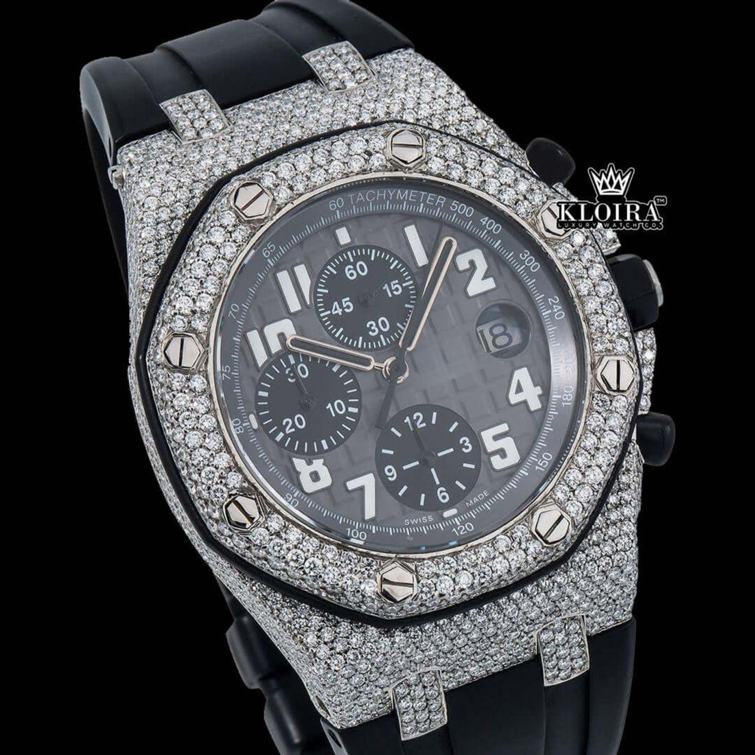 Black Dial Black Rubber Strap Semi Iced Out Moissanite Watch Front View