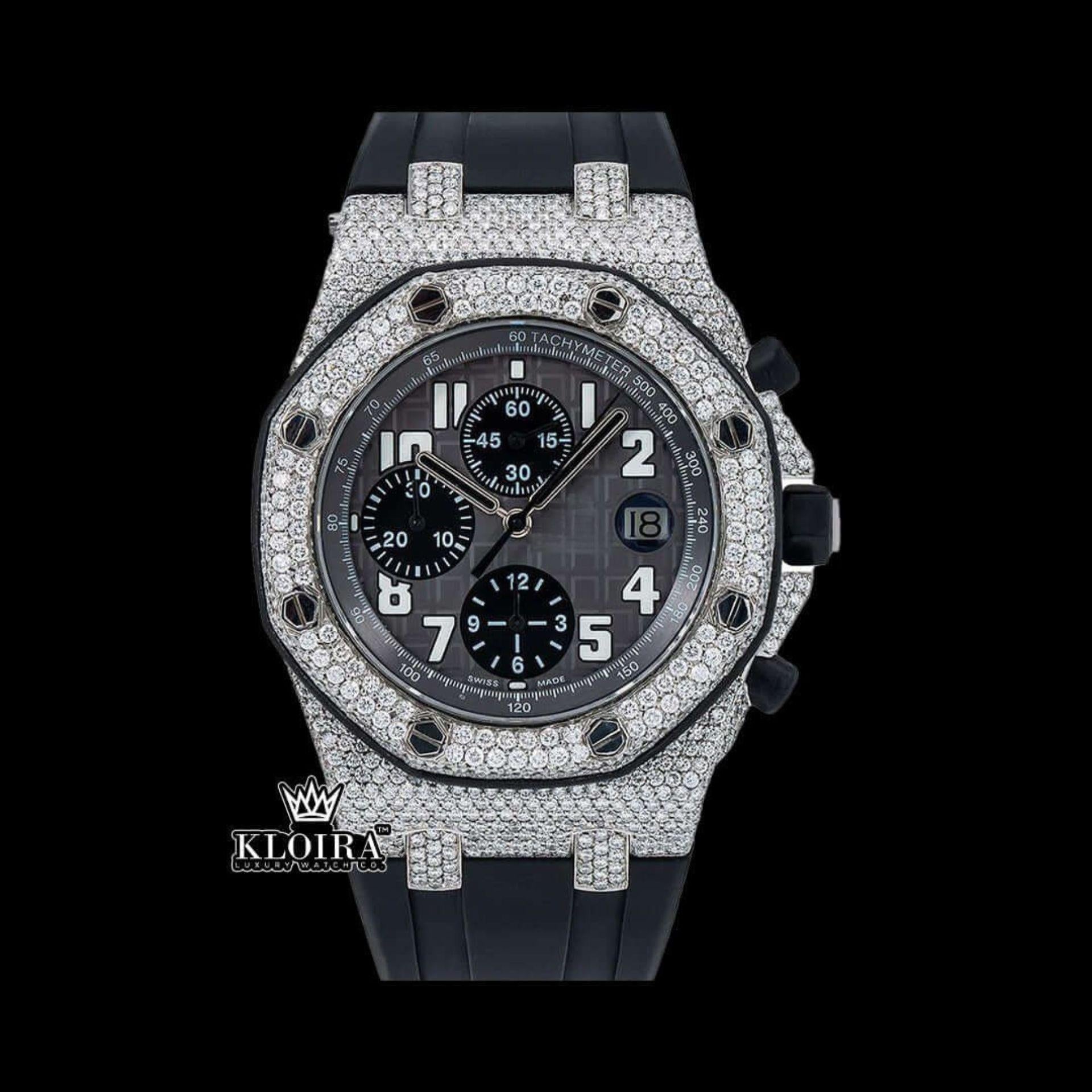Black Dial Black Rubber Strap Semi Iced Out Moissanite Watch Front View