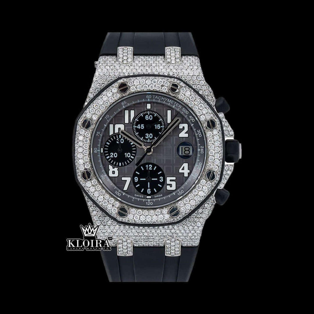 Black Dial Black Rubber Strap Semi Iced Out Moissanite Watch Front View