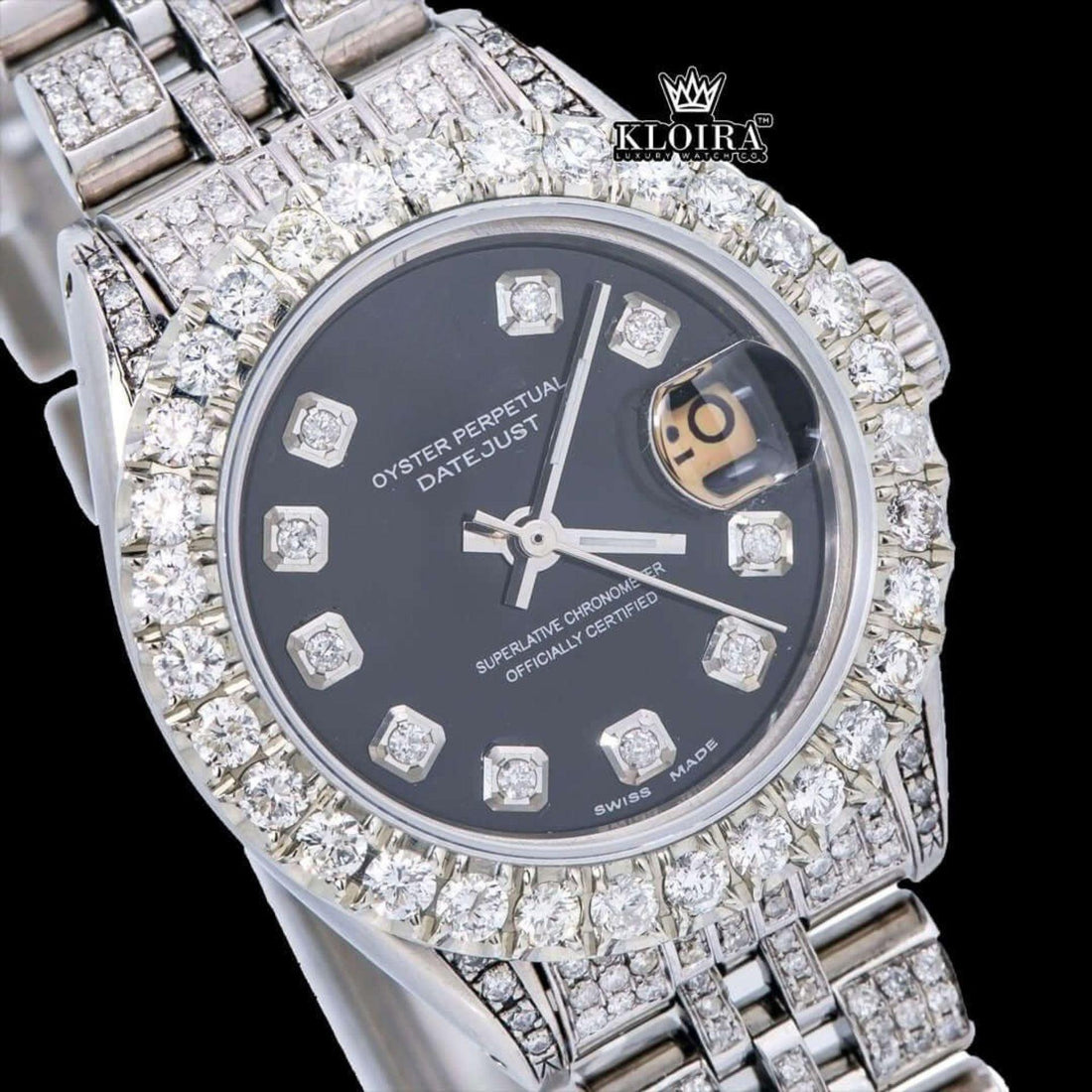 Black Dial Date Display Fully Iced Out Moissanite Diamond Watch Front View