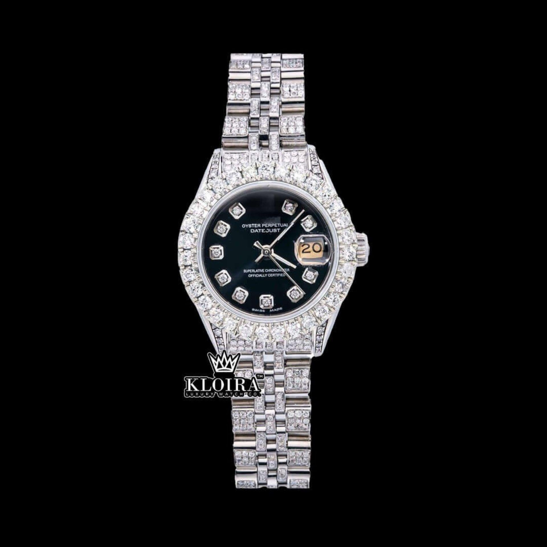 Black Dial Date Display Fully Iced Out Moissanite Diamond Watch Front View