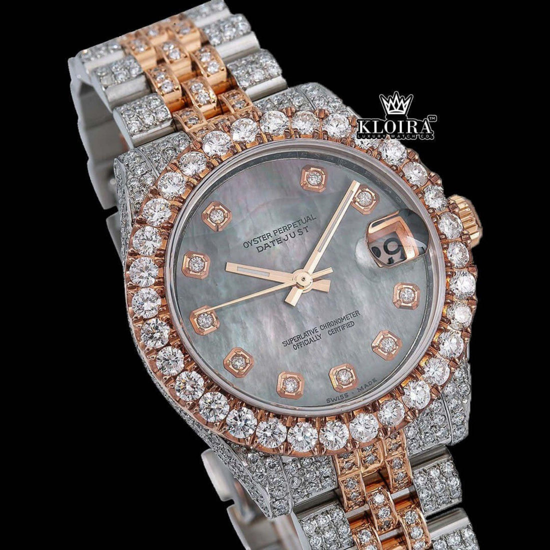 Black Dial Diamond Markers Two Tone Classic Link Strap Moissanite Watch Front View