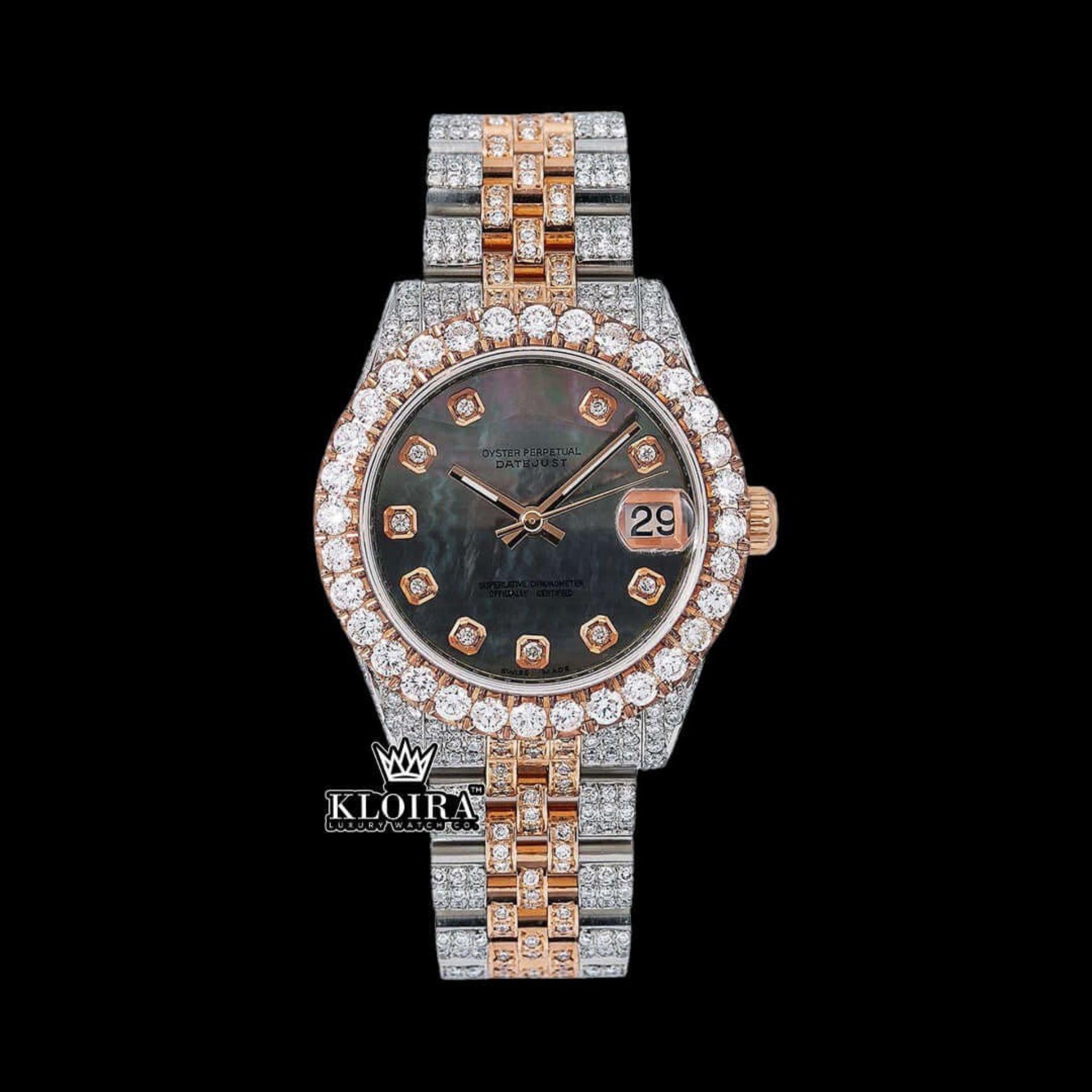 Black Dial Diamond Markers Two Tone Classic Link Strap Moissanite Watch Front View