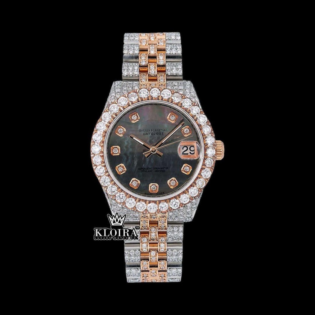 Black Dial Diamond Markers Two Tone Classic Link Strap Moissanite Watch Front View