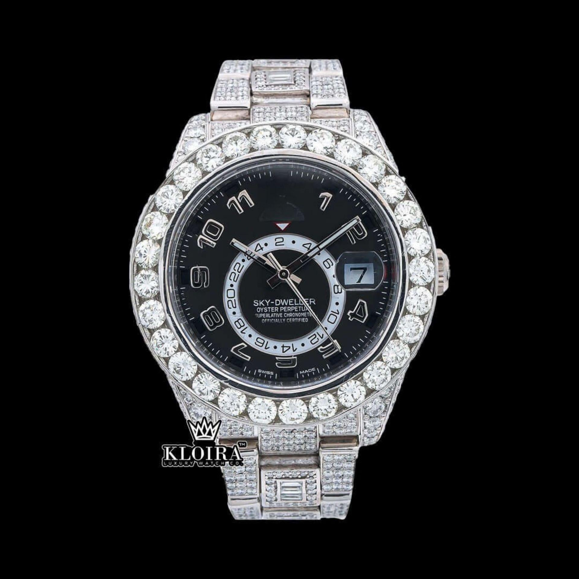 Black Dial Dual Time Sky Full Iced Out Moissanite Diamond Watch Front View