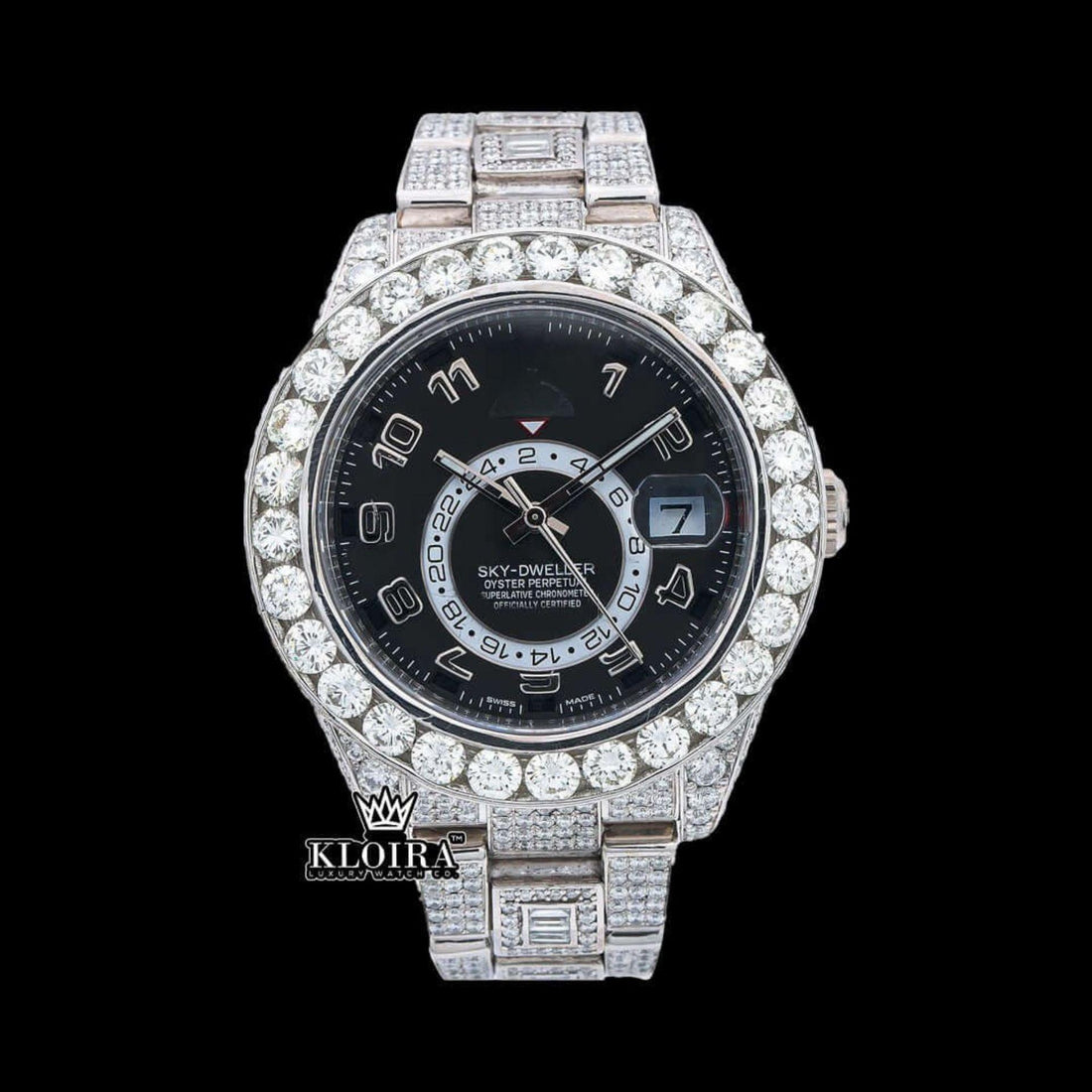 Black Dial Dual Time Sky Full Iced Out Moissanite Diamond Watch Front View