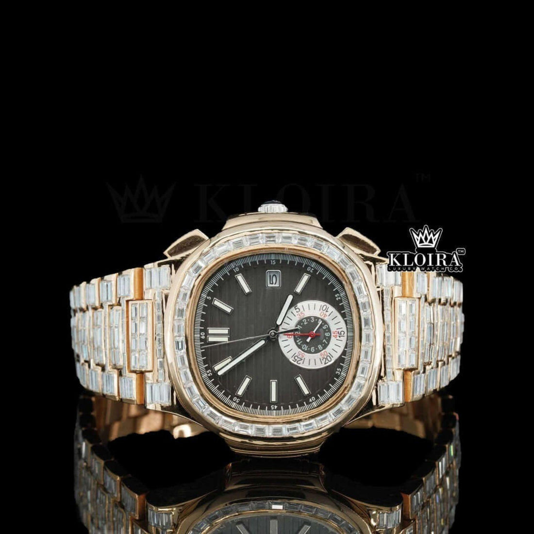 Black Dial Fully Iced Out Baguette Strap Lab Grown Diamond Watch Front View