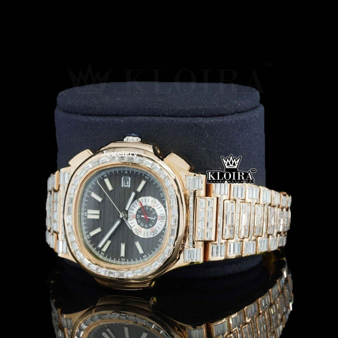 Black Dial Fully Iced Out Baguette Strap Lab Grown Diamond Watch Front View