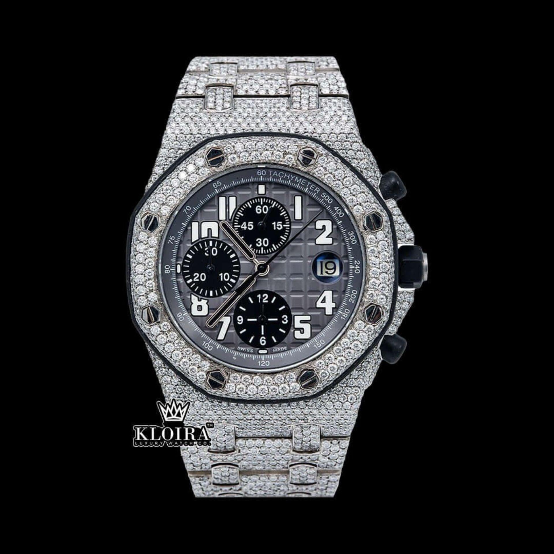 Black Dial Iced Out Moissanite Diamond Watch Front View