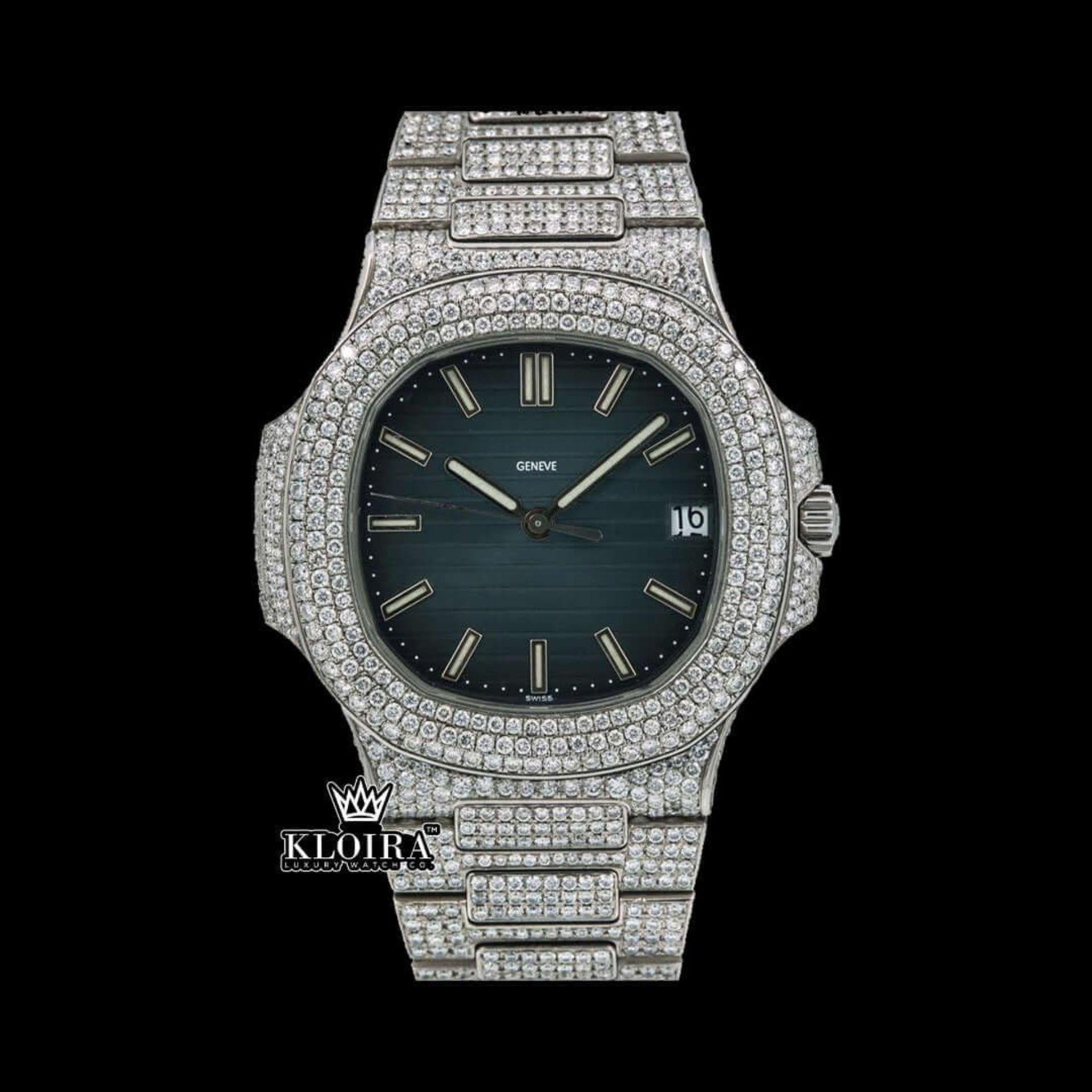 Black Dial Patek Philippe Inspired Moissanite Diamond Watch Luxury 42mm Front View