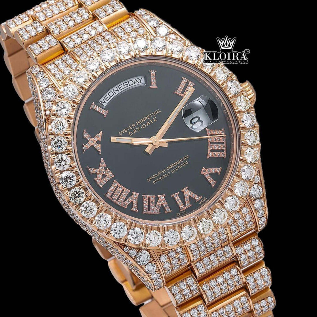 Black Dial Roman Numerals Diamond Link Strap Rose Gold Moissanite Watch Front View