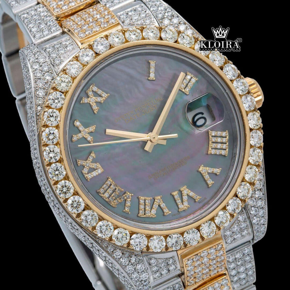 Black Dial Roman Numerals Rose Gold Two tone Moissanite Diamond Watch Front View