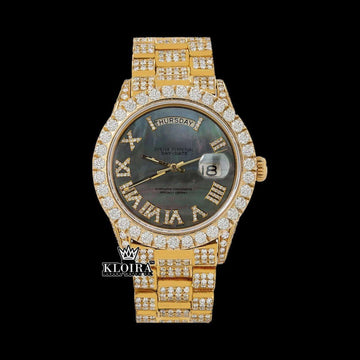 Black Dial Roman Numerals Yellow Gold Diamond Link Strap Moissanite Watch Front View