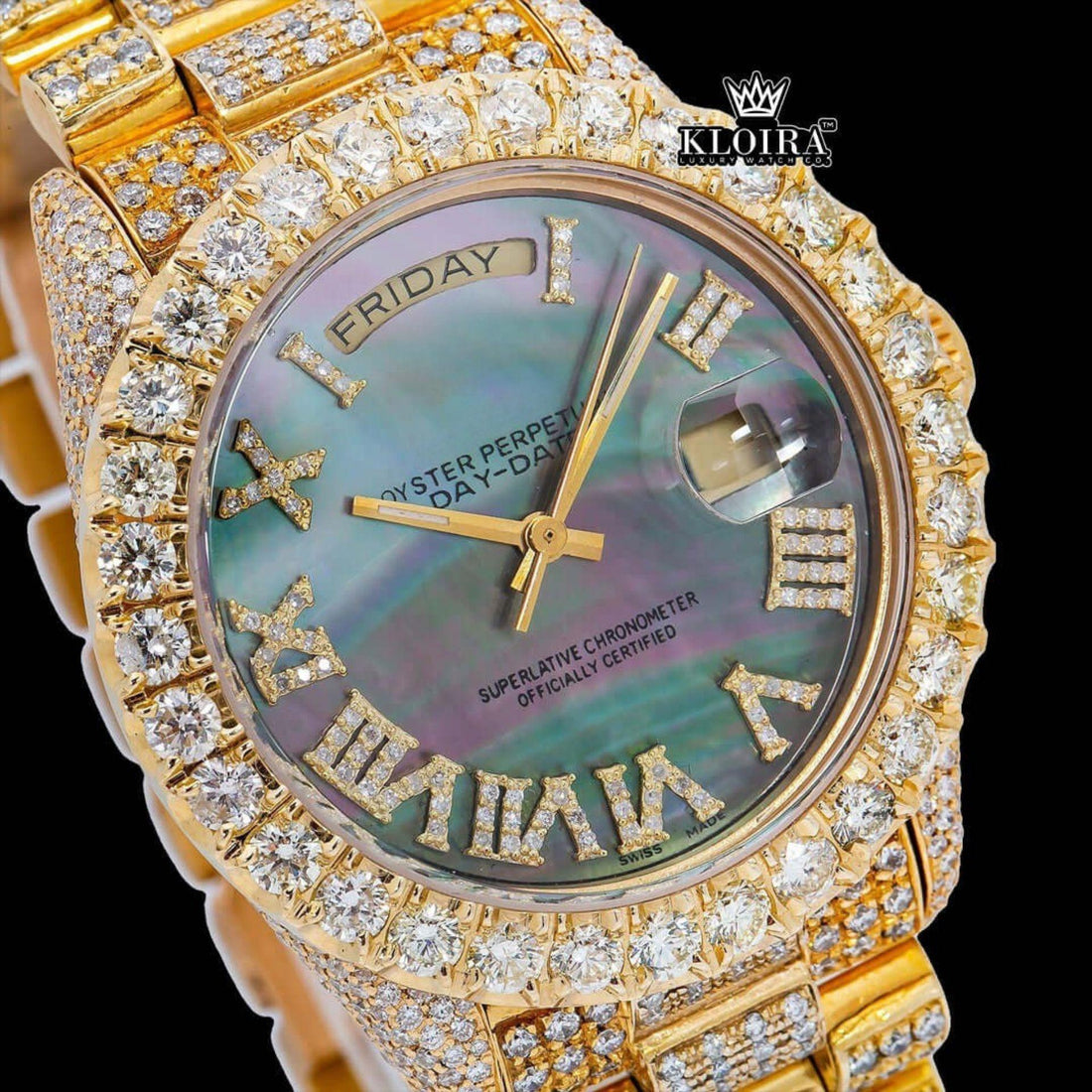 Black Dial Roman Numerals Yellow Gold Moissanite Diamond Watch Front View