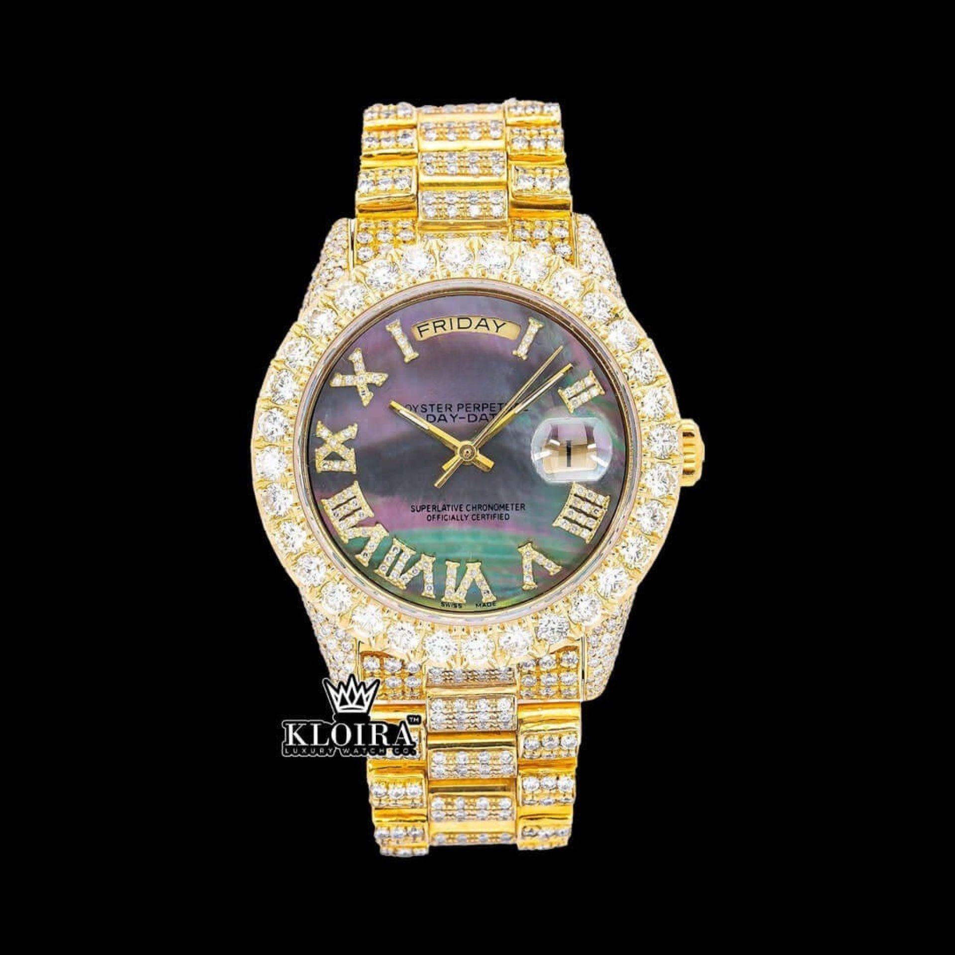 Black Dial Roman Numerals Yellow Gold Moissanite Diamond Watch Front View